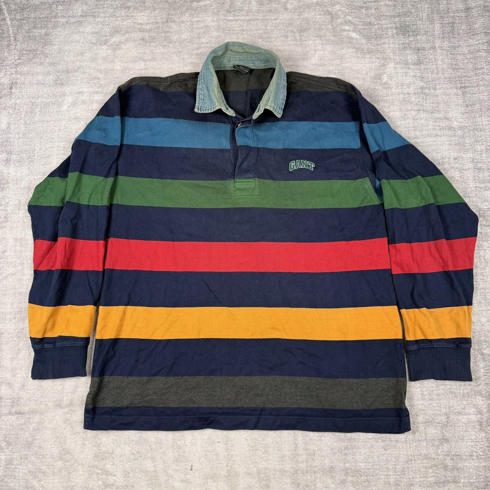 GANT Rugger Shirt Men's Medium Blue Long Sleeve Rugby Polo Vtg 90s Denim‎ Collar
